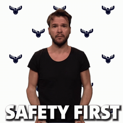 Man With Mask On Head Saying Safety First GIF