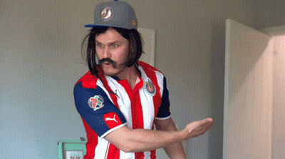 Man With Mustache And Wig In Chivas Shirt GIF