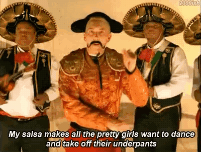 Man With Mustache Dancing In Front Of Mariachi GIF