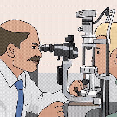 Man With Mustache Examining Another Man's Eyes GIF