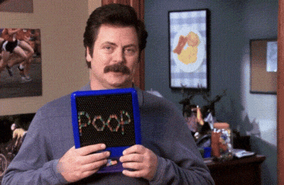 Man With Mustache Holding Blue Box Saying Poop GIF