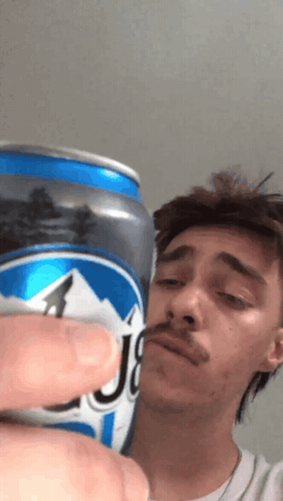 Man With Mustache Holding Blue J8 Beer GIF