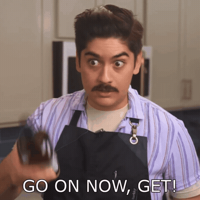 Man With Mustache In Apron Saying Go On Now Get GIF