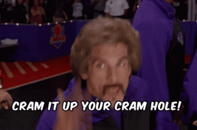 Man With Mustache In Purple Jacket Saying Cram It Up Your Cram Hole GIF