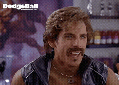 Man With Mustache Smiling In Front Of Dodgeball Poster GIF