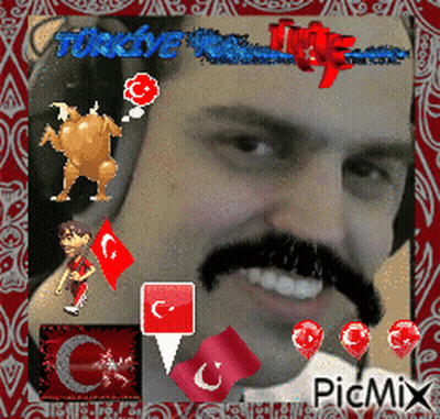 Man With Mustache Surrounded by Turkey Flags