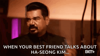 Man With Mustache Talking To Another Man About Ha-Seong Kim GIF