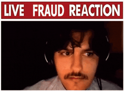 Man With Mustache Wearing Headphones Under Live Fraud Reaction Sign GIF