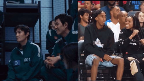 Man With Number 001 On Jacket Sits In Crowd GIF