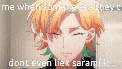 Man With Orange Hair And Green Streaks Says Me When Someone Says They Don't Even Like Saramilk GIF
