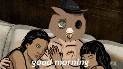 Man With Owl Head and Two Women Saying Good Morning