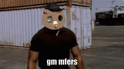Man With Owl On Head GM Mfers GIF