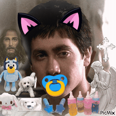 Man With Pacifier Surrounded By Stuffed Animals And Cross GIF
