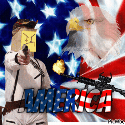 Man With Paper Bag On Head Pointing Gun At Bald Eagle America GIF
