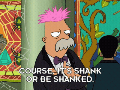Man With Pink Mohawk Says Course It's Shank Or Be Shanked GIF