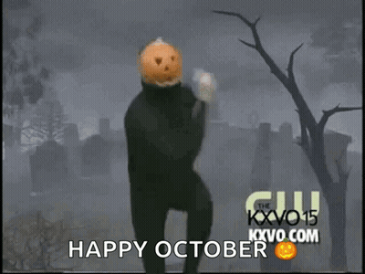 Man With Pumpkin Head Dancing In Front Of Cemetery Saying Happy October GIF