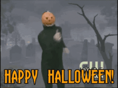 Man With Pumpkin Head In Cemetery Happy Halloween GIF