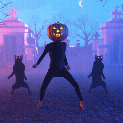 Man With Pumpkin Head In Cemetery With Black Cats GIF