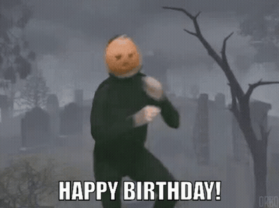 Man With Pumpkin Head Running In Cemetery Saying Happy Birthday GIF