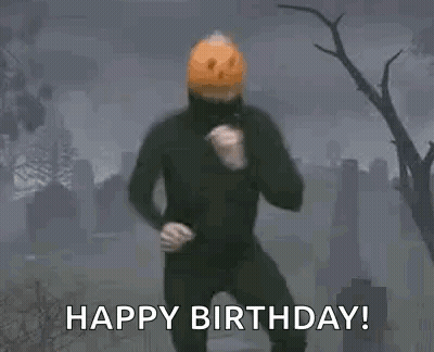 Man With Pumpkin On Head Dancing In Cemetery Happy Birthday GIF