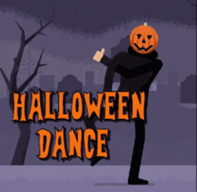 Man With Pumpkin On Head Dancing In Front Of Halloween Dance Sign GIF