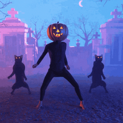 Man With Pumpkin On Head Surrounded By Black Cats In Cemetery GIF