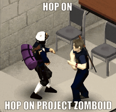 Man With Purple Backpack Next To Man With Gun Hop On Project Zombodid GIF