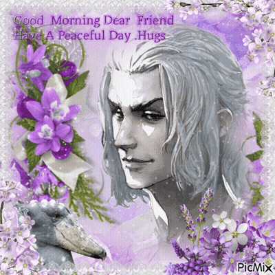 Man With Purple Flowers Says Good Morning Dear Friend GIF