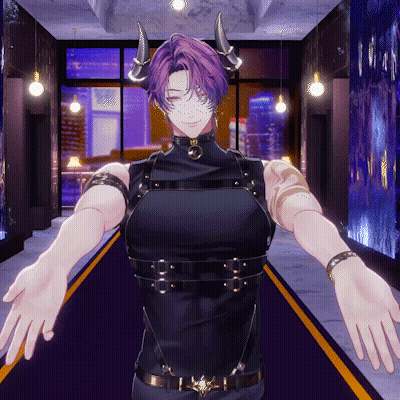 Man With Purple Hair And Horns Standing In Hallway GIF