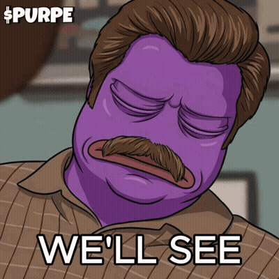 Man With Purple Hair And Mustache Saying We'll See GIF