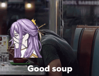 Man With Purple Hair Sitting At Table With Bowl Of Soup Saying Good Soup GIF