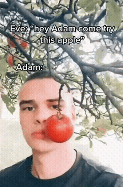 Man With Red Apple In Mouth Says Hey Adam Come Try This Apple GIF