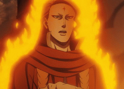 Man With Red Cross On Forehead Surrounded By Flames GIF
