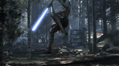 Man With Red Light Saber Fights Man With Blue Saber GIF
