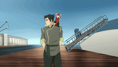 Man With Red Panda On Shoulder Standing On Dock GIF