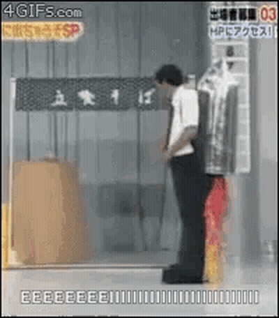 Man With Red Umbrella In Front Of Glass Door GIF