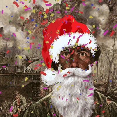 Man With Santa Hat And Beard Surrounded By Confetti GIF