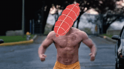 Man With Sausage On Head Flexing Muscles GIF