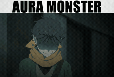 Man With Scarf In Dark Room With Aura Monster Text GIF