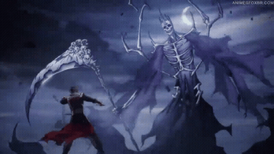 Man With Scythe Standing In Front Of Skeleton GIF