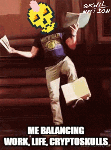 Man With Skull On Head Balancing Work Life And Cryptoskulls GIF