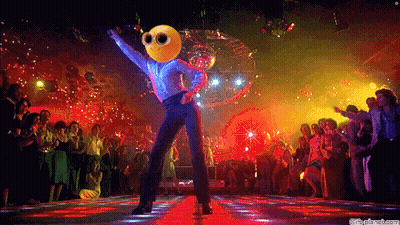 Man With Smiley Face On Head Dancing In Disco GIF