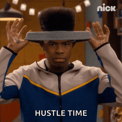 Man With Sponge On Head Saying Hustle Time GIF