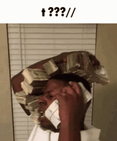 Man With Stack Of Money On Head Talking On Cell Phone GIF