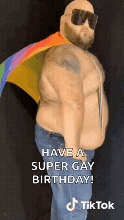 Man With Sunglasses And Rainbow Flag Says Have A Super Gay Birthday GIF