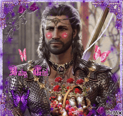 Man With Sword And Basket Of Kittens With Purple Butterflies Picmix GIF