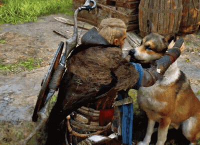 Man With Sword And Shield Next To Brown And White Dog GIF