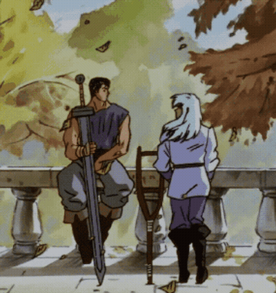 Man With Sword And Woman With Crutches GIF