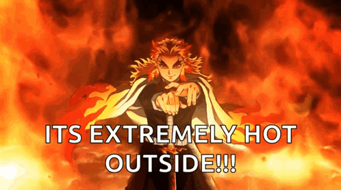 Man With Sword Near Fire Saying Extremely Hot Outside GIF