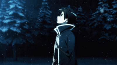 Man With Sword Standing In Snow Looking Up GIF